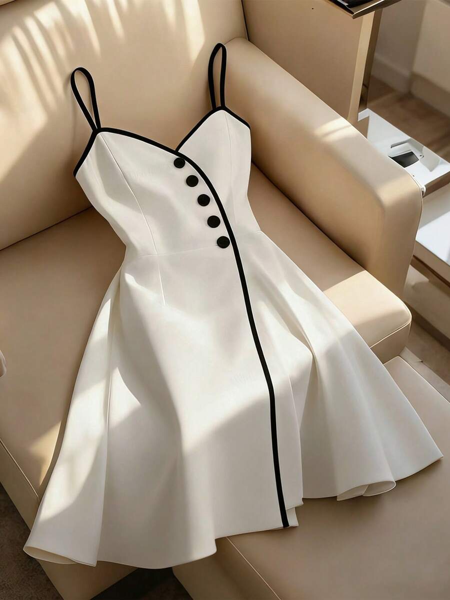 Franclia 女士极简纯色拼接吊带连衣裙 - 黑與白 - 查看 1