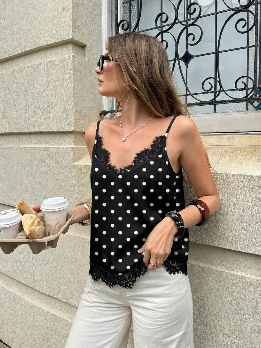 Serisse Elegant Black Background White Polka Dot Print Lace Patchwork Casual Minimalist Style Tank Top, Versatile & Retro, Suitable For Spring/Summer - Multicolor - View 1