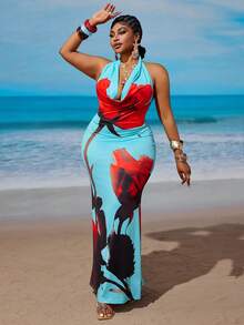 Maweii Plus Size Floral Print Backless Halter Dress, Vacation & Beach - Blue - View 3