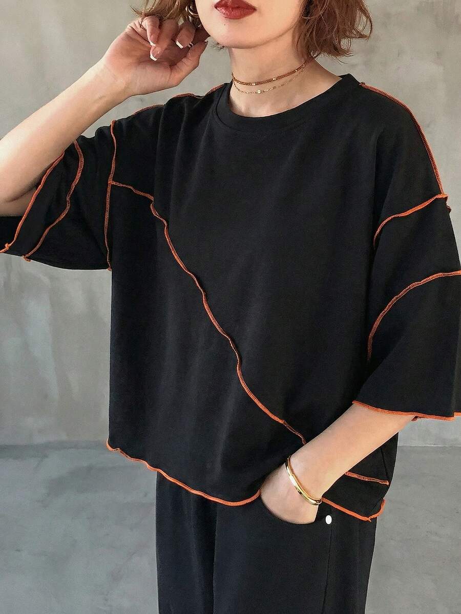 FRIFUL Women's Solid Color Round Neck Dark Grey Lockstitch Loose Casual Versatile T-Shirt - Black - View 1