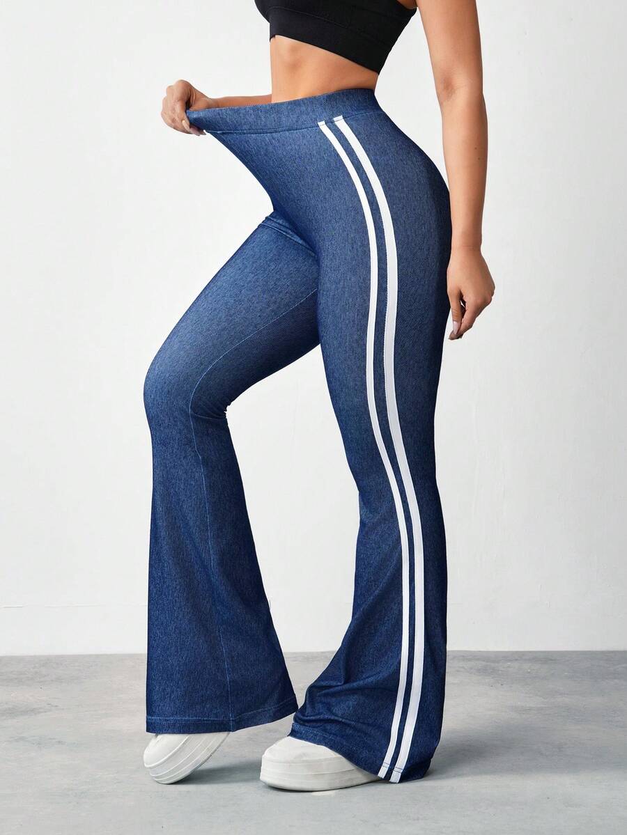 Flexra Plus Size Striped Print Fitted Knit Denim Flare Pants - Blue - View 1