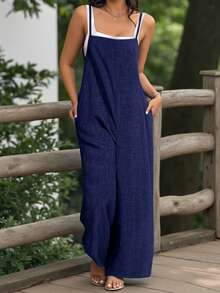EMERY ROSE Mono informal de cuello cuadrado con efecto de textura de mezclilla, talla grande - Azul Marino - Ver 8
