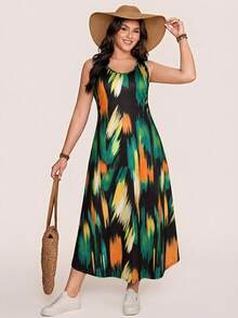 Comfylo 大码女装夏季无袖圆领抽象印花长款休闲度假波西米亚风连衣裙万圣节服装女装冬季女装复古风连衣裙 - 彩色 - 查看 5