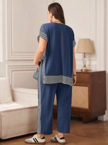Rosumi Plus Size Striped Patchwork T-Shirt + Pants, Grey 2 Pieces Set - Dusty Blue - View 4