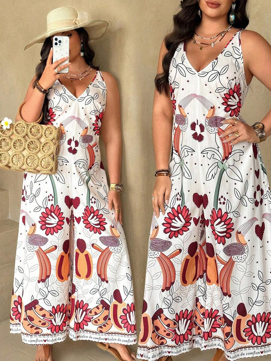 Ceyna Plus Size V-Neck Printed Sleeveless Wide Leg Jumpsuit With Invisible Zipper At Back - Multicolor - View 1