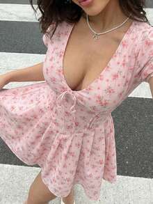 Joudiya 春夏粉色系带撞色碎花休闲甜美少女情人节婚礼派对鸡尾酒会连衣裙，优雅修身迷你连衣裙 - 粉色 - 查看 13