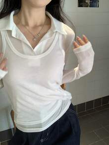 DAZY Bộ 2 món áo polo và áo hai dây mỏng nhẹ màu trơn dành cho nữ. - trắng - Xem 9