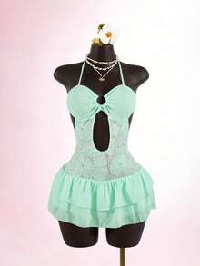 Lyxana Women's Sequins Ruffle Mesh Patchwork Backless Mini Dress - Mint Blue - View 1