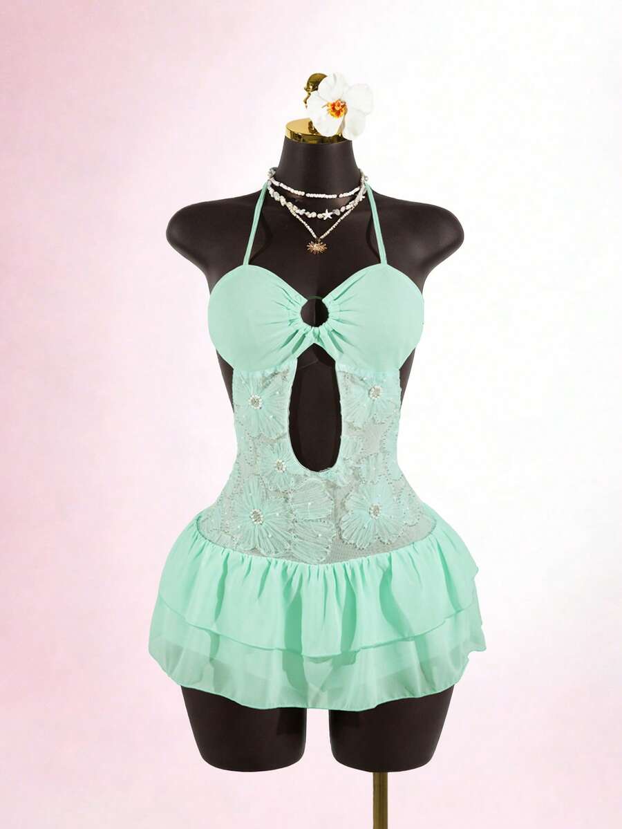 Lyxana Women's Sequins Ruffle Mesh Patchwork Backless Mini Dress - Mint Blue - View 1