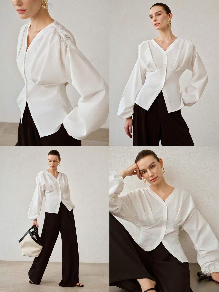 MOTF PREMIUM WOMEN'S PLEATED DROP SHOULDER FITTED BLOUSE FOR COMMUTING - White - View 1