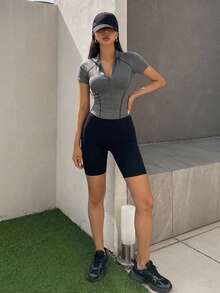 女士撞色立领修身休闲短袖T恤 - 淺灰色 - 查看 6