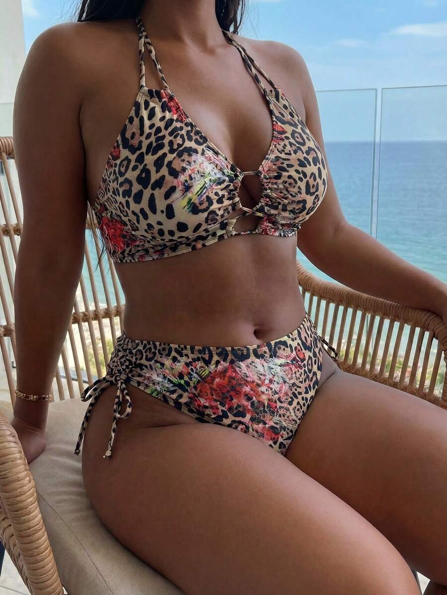 Slaydiva مجموعة ملابس سباحة ذات رقبة حلقية بطبعة نمر، مقاس كبير، ربيع/صيف 2026 - متعدد الألوان - مشاهدة 1