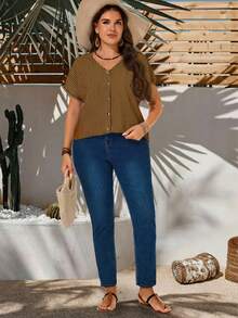 EMERY ROSE Áo sơ mi nữ cỡ lớn kẻ sọc cổ chữ V tay ngắn kiểu dáng thường ngày cài nút - Nhiều màu - Xem 4