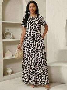 SHEIN Lady 女士豹纹圆领短袖休闲连衣裙 - 彩色 - 查看 7