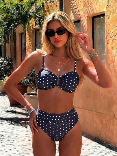 SHEIN Women's Polka Dot Printed With Metal Decor Beach Resort Bikini Swimsuit Set For Summer Beach Vacation