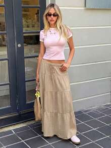 MainGRL Falda midi de línea A con textura y lazo en la cintura, unicolor caqui para mujer - Caqui - Ver 3