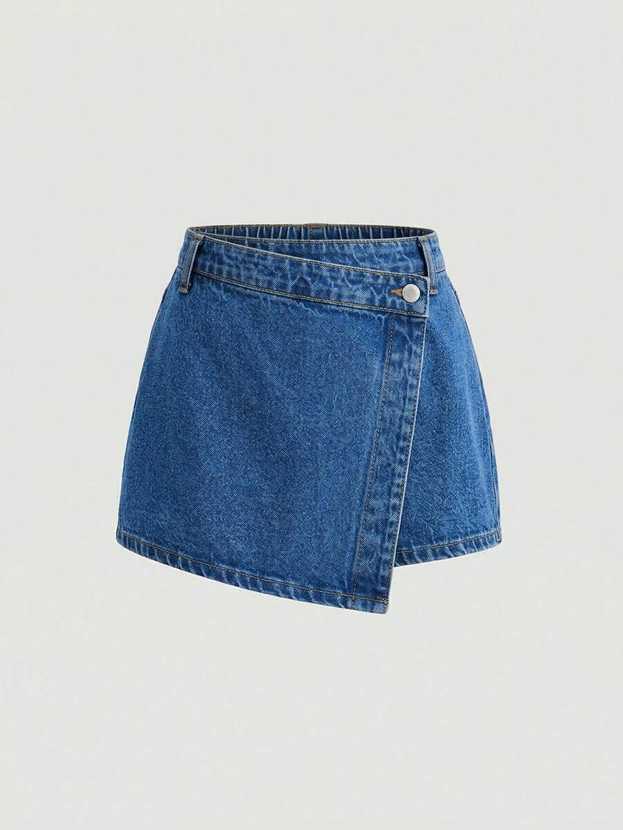 SHEIN Girlism Rok celana denim model rok pendek (skort) warna pink pudar (stonewashed) asimetris dengan pinggang model wrap untuk remaja putri, cocok untuk liburan musim semi tahun 2000-an. - Medium Wash - View 1