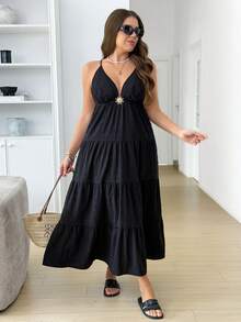 SHEIN LUNE Plus Size Women Metal Sun Decor Camisole Dress - Black - View 5