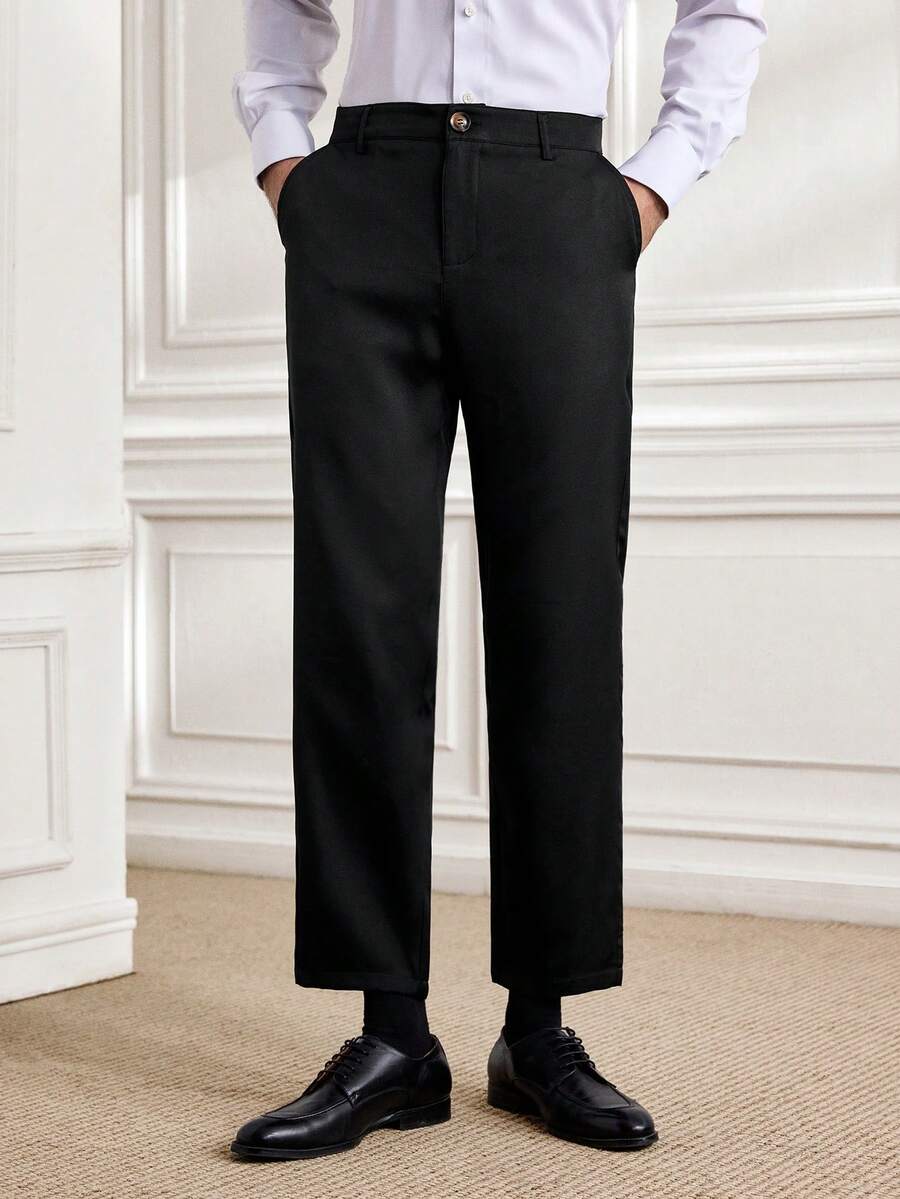 Officeau 男士纯色直筒休闲商务旅行裤，复古风格，适合秋季 - 黑色 - 查看 1