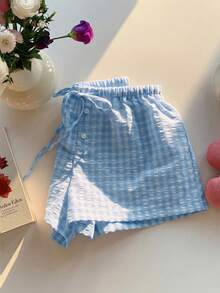Comfortcana 2026 Spring/Summer New Fashion Women's Casual Blue Plaid Cotton Linen Shorts, New Year Outfit Plaid Shorts - Blue - View 6