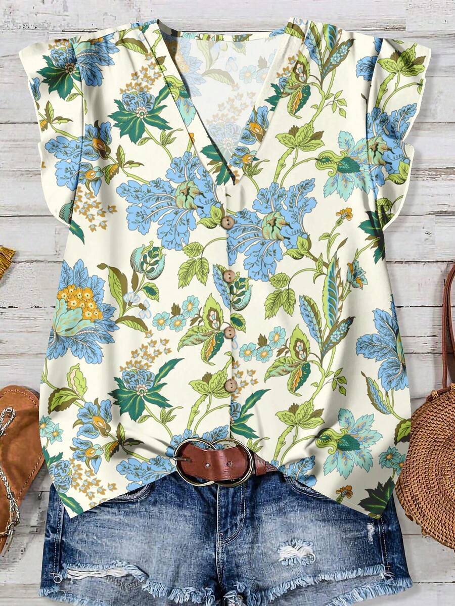 SHEIN LUNE Women's Casual Floral Print Shirt, Suitable For Summer - Multicolor - View 1