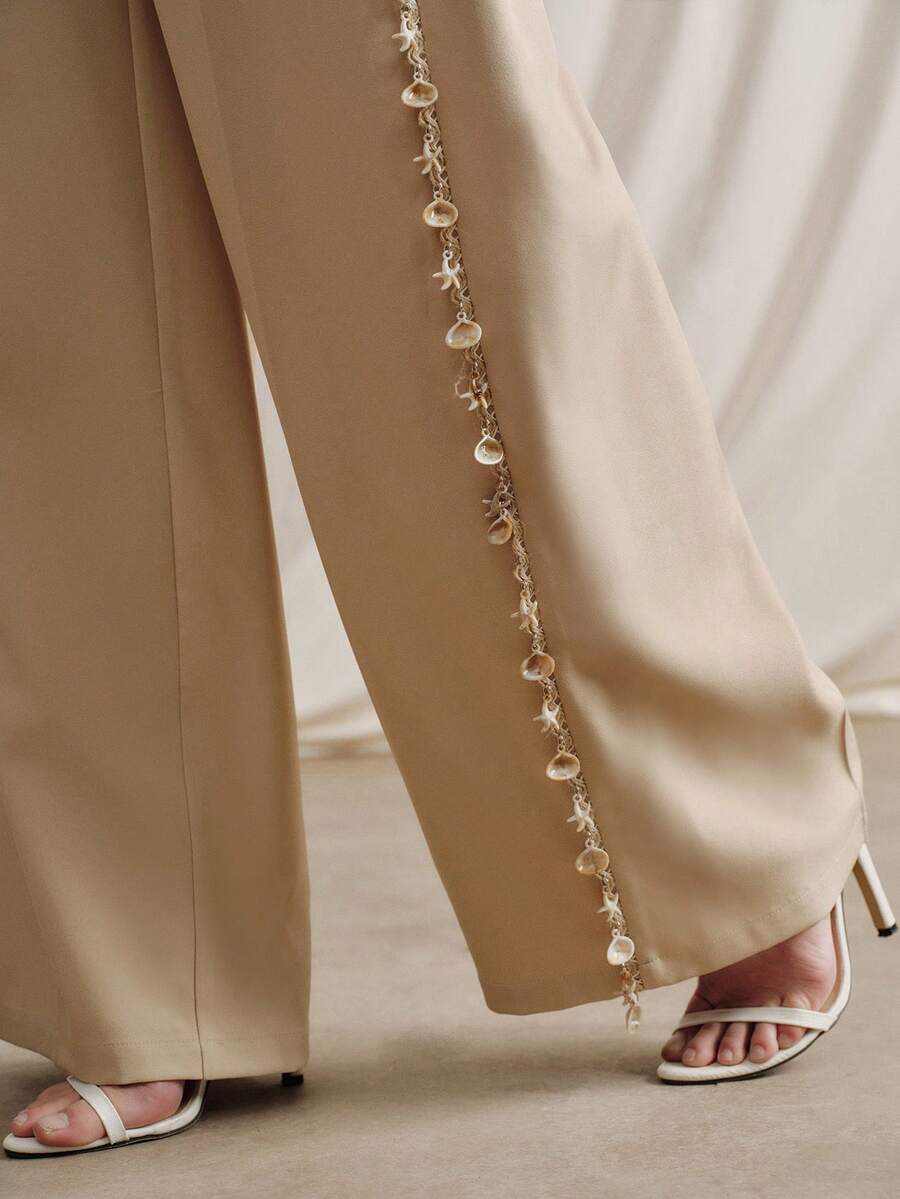 Anewsta 女士卡其色侧缝饰带宽松阔腿休闲裤，新款夏季海滩度假 - 卡其色 - 查看 1