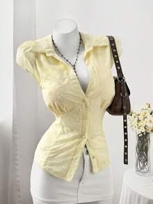 Sweetra Plus Size Fashion Versatile Single-Breasted Embroidered Polo Collar Slim Fit Shirt - Yellow - View 4