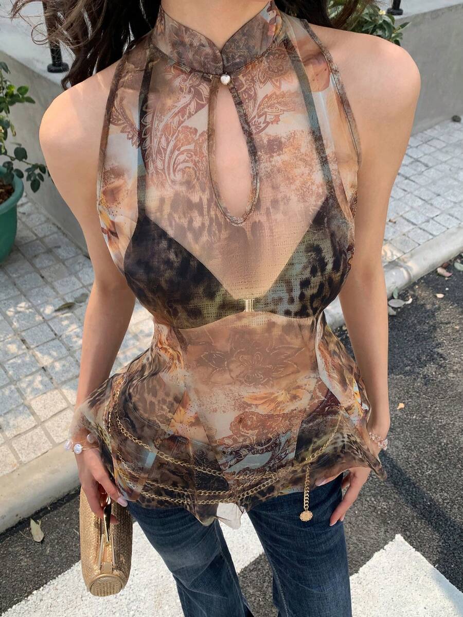 立领无袖修身豹纹镂空时尚薄纱夏季上衣 - 彩色 - 查看 1