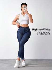 SHEIN FlexDen Women's High Waist Skinny Casual Versatile Jeans - Blue - View 6