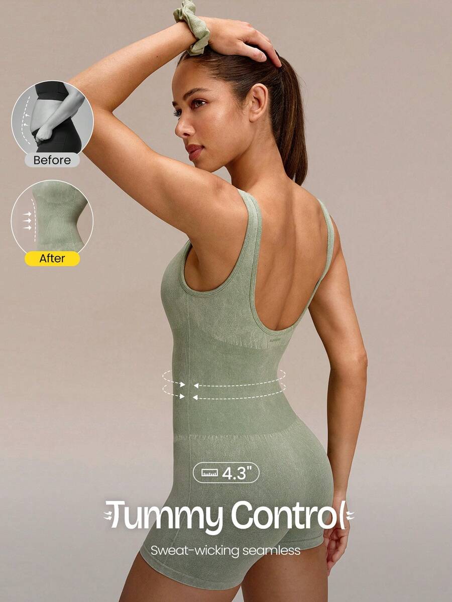 4.3" Ultrafine Soft Seamless Own Every Move Ribbed Waist Removable Cups U-Back Short Bodysuit Medium Impact Training Running Workout Gym Wear - Green - View 1