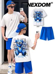 SHEIN Leap Crew Teen Boy Casual Bear & English Graffiti Áo thun ngắn tay in họa tiết có túi quần short Bộ 2 chiếc - Nhiều màu - Xem 7