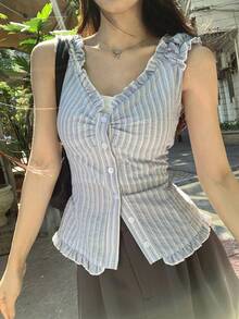 DAZY Women's Ruffled Striped Sleeveless Top, Fresh And Youthful For Summer Vacation Cruise For Women - Blue - View 14