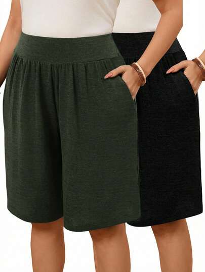 EMERY ROSE 2pcs/Set  Plus Size Women's Summer Casual Vacation Country Knee Length Shorts, Black + Army Green Shorts  With Pockets,Summer Outfits For Women ,Vacation Outfits Women ,Holiday Outfits For Women,Going Out Outfits,2026 New Clothes,Simple And Fashionable For Everyday Wear,Suitable For Summer, Vacation, Daily Wear, Festival Outfits For Women