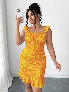 Elenzga Plus Size Women's Spring/Summer Vacation Floral Print Dual-Color Pleated Flutter Sleeve Ruffle Hem Tie Front Bodycon Mini Dress - Orange - View 5