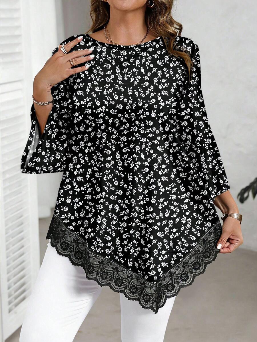 EMERY ROSE Camicetta larga da donna stile casual vacanziero, con stampa floreale ditsy nera, patchwork in pizzo e orlo irregolare, adatta per primavera/autunno, taglie comode - Multicolore - Visualizzare 1