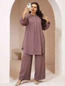 Veilorie Plus Size Elegant Commuter Solid Color Shirt & Pants 2 Pieces Set - Dusty Pink - View 7