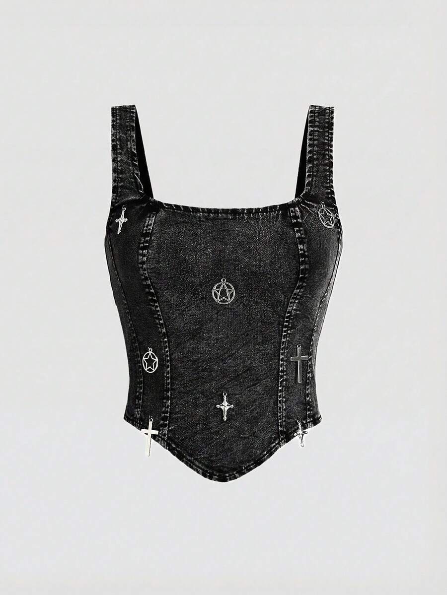SHEIN MOD 女士方领金属十字装饰无袖牛仔上衣 - 黑色 - 查看 1
