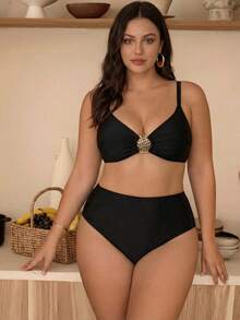 Swim Chiccia 2026 New Elegant Metal Decor Solid Color Adjustable Strap Swimwear Set, Chic Beach Holiday Outfit For Plus Size - Black - View 3