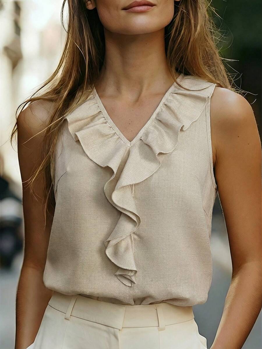 Áo sơ mi nữ không tay xếp nếp bằng vải lanh - Màu Khaki - Xem 1