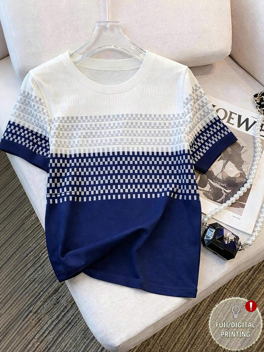 Áo thun cỡ lớn in kỹ thuật số kẻ sọc xanh trắng, kiểu dáng thường ngày, thích hợp cho mùa hè. - trắng - Xem 1
