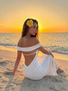 Aloruh 春夏新款蕾丝露肩露背性感修身鱼尾连衣裙，白色蕾丝连衣裙，浪漫约会连衣裙，晚礼服，派对连衣裙，海滩度假连衣裙，性感新娘装，女士海滩装，舞会度假装，女士海滩装，露肩海滩装，马贝拉穿搭灵感，丰收节快乐 - 白色 - 查看 2