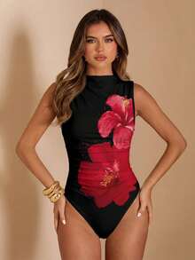 SHEIN BAE Women's Stand Collar Sleeveless Bodysuit With Ruching - Multicolor - View 4