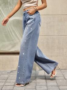 Jeans anchos casuales sueltos con adornos de diamante de imitación para mujer - Azul lavado medio - Ver 3