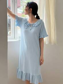 DAZY Áo ngủ nữ dệt kim dáng rộng, viền bèo nhún, thích hợp cho mùa hè. - Màu xanh lam - Xem 5