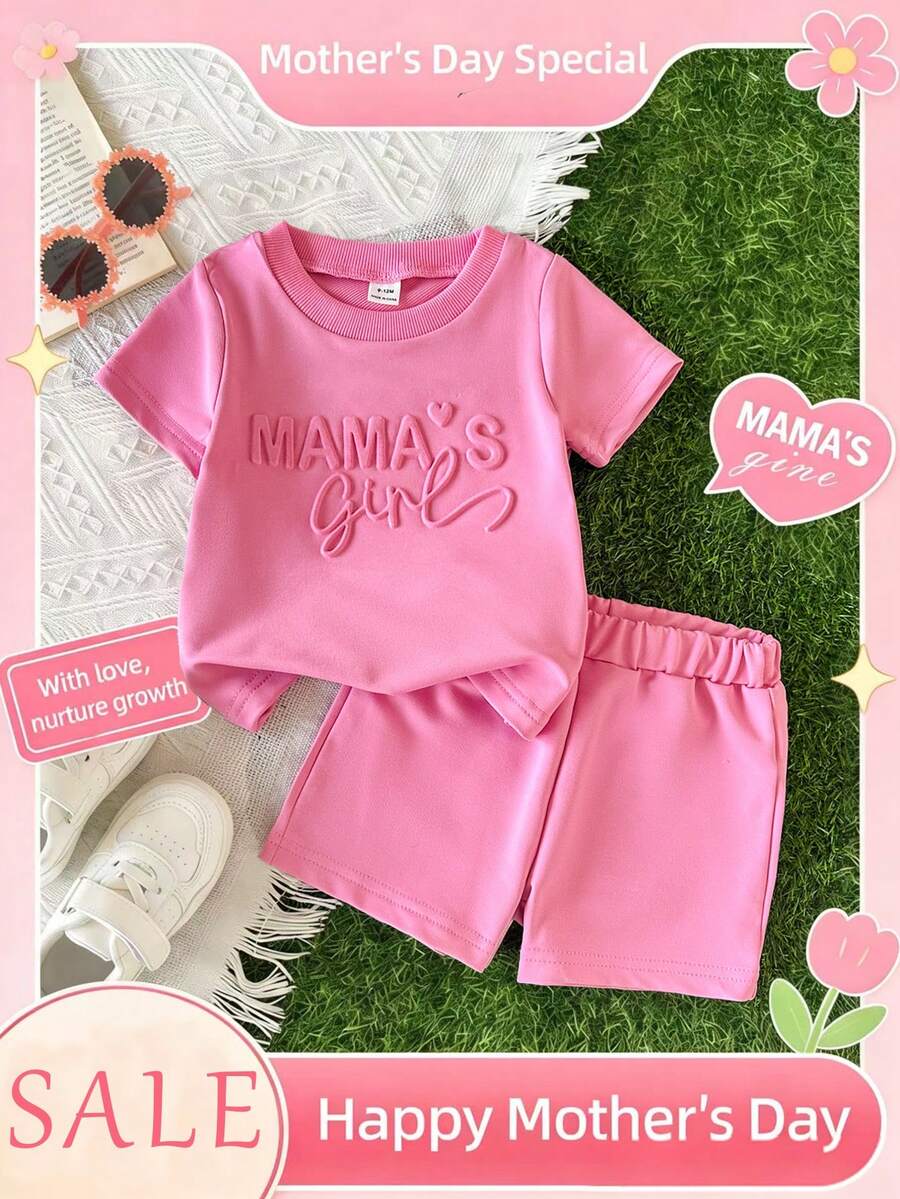 Elladie kids Bộ 2 món cho bé gái, kiểu dáng thường ngày, dễ thương, tối giản, áo thun ngắn tay "Con gái cưng của bố" và quần short, thích hợp cho mùa xuân/hè. - Màu Hồng baby - Xem 1