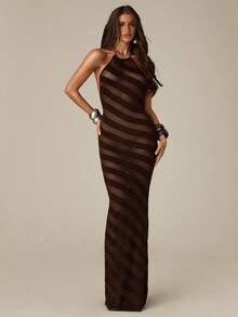 SHEIN BAE Đầm len cổ yếm hở lưng gợi cảm, thanh lịch, thời trang - Màu nâu Sô-cô-la - Xem 4