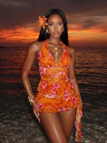 Vaytide Nuevo vestido de verano de ajuste ceñido con volantes multicapa y estampado de plantas tropicales semitransparente, vestido de playa sexy con espalda descubierta y ajuste estilizante, conjunto de traje de baño de 2 piezas con shorts para mujer - Multicolor - Ver 1