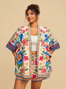 Travachic 大码女式蓝色树叶印花和服衬衫短裤沙滩两件套 | 女士度假节日服装两件套和服女式波西米亚风套装波西米亚时尚女装套装夏季 - 彩色 - 查看 3