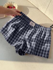 SHEIN EZwear 女士海军蓝格子梭织阔腿短裤 - 藏蓝色 - 查看 7