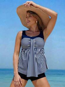 Swim Lushoire Bộ 2 áo bikini hai mảnh kẻ sọc phối họa tiết nhún bèo phía trước dành cho nữ, áo tắm tankini, đồ bơi tankini kẻ sọc, áo tắm định hình, quần bơi. - Màu xanh hải quân - Xem 4